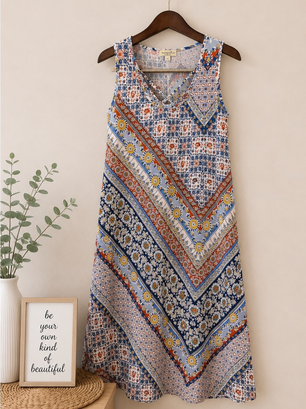 ONE WORLD Mixed Print Boho Maxi Dress in Blue, Rust & Cream